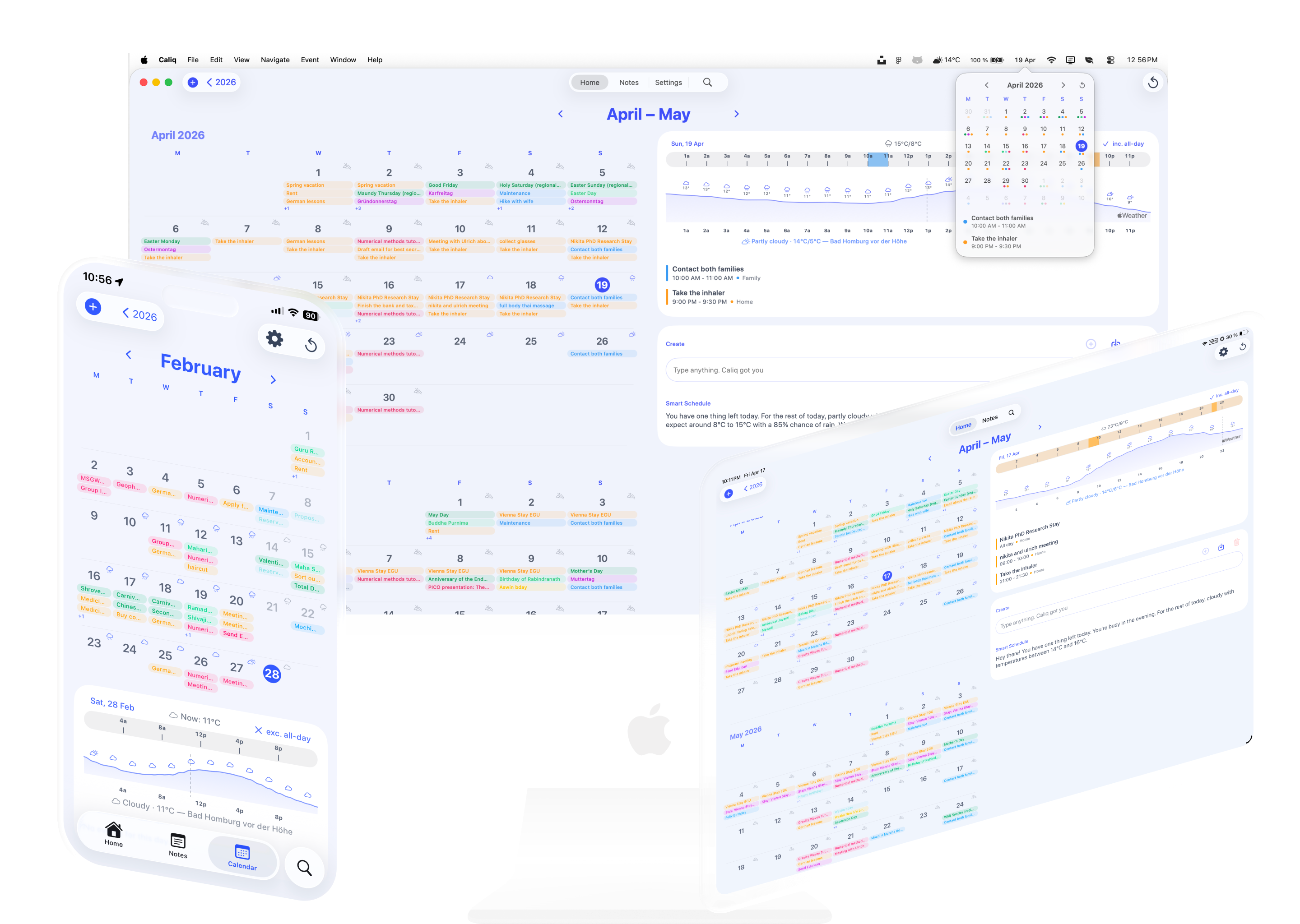 Caliq on iPhone, iPad, and Mac showing calendar views